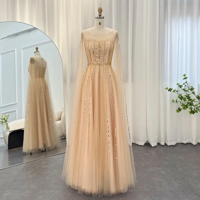 For Sale Elegant Gold Evening Dress with Cape Sleeves SS217