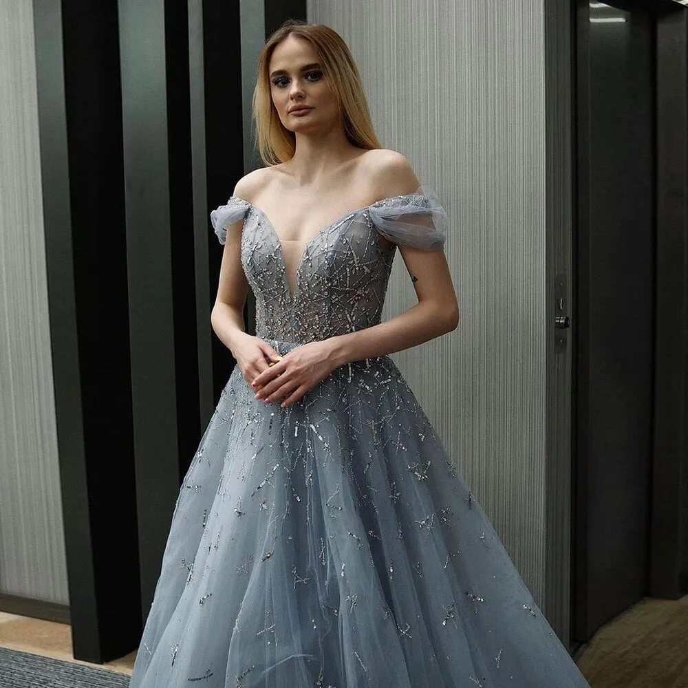 For Sale Elegant Off Shoulder Blue Evening Dress SS342