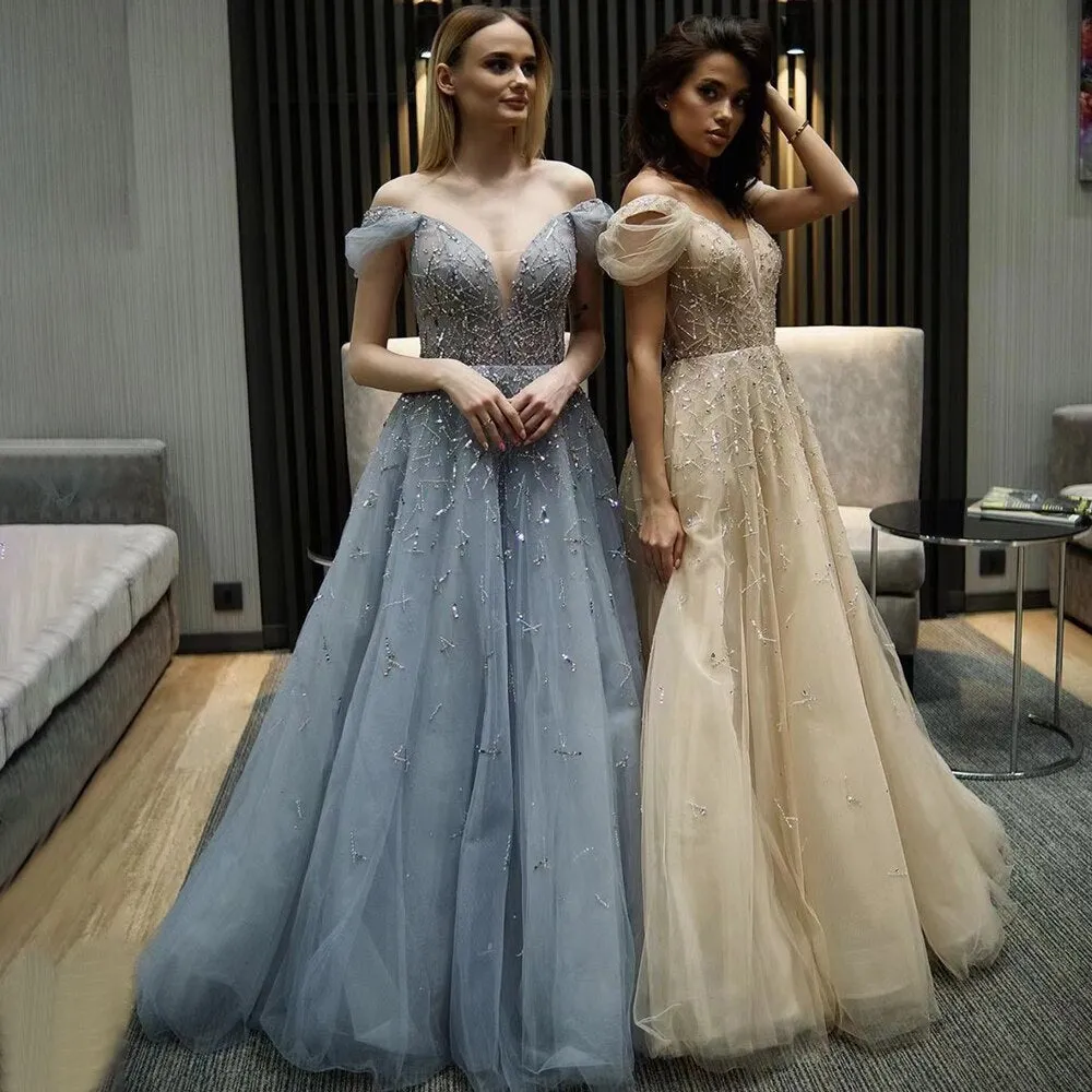 For Sale Elegant Off Shoulder Blue Evening Dress SS342