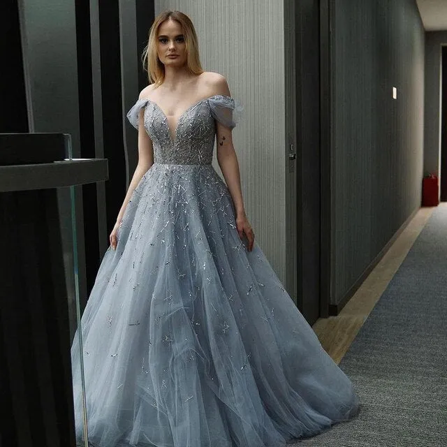 For Sale Elegant Off Shoulder Blue Evening Dress SS342