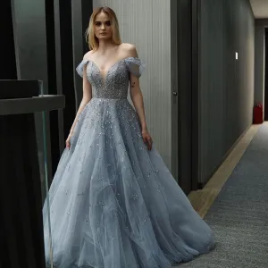 For Sale Elegant Off Shoulder Blue Evening Dress SS342