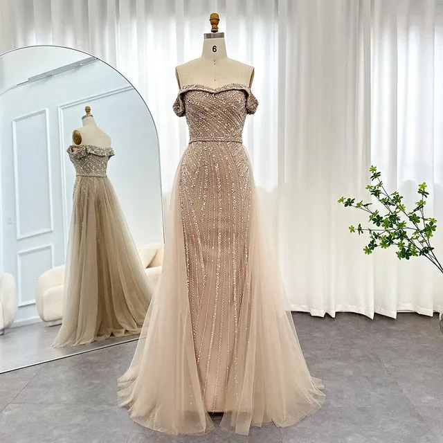 For Sale Off Shoulder Sage Green Overskirt Evening Dress SS244