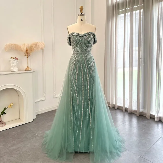 For Sale Off Shoulder Sage Green Overskirt Evening Dress SS244