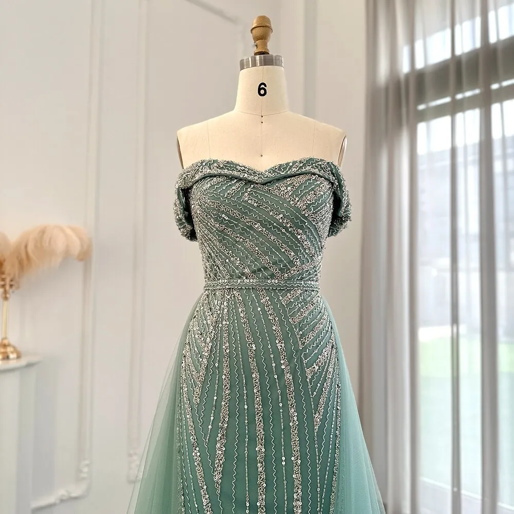 For Sale Off Shoulder Sage Green Overskirt Evening Dress SS244