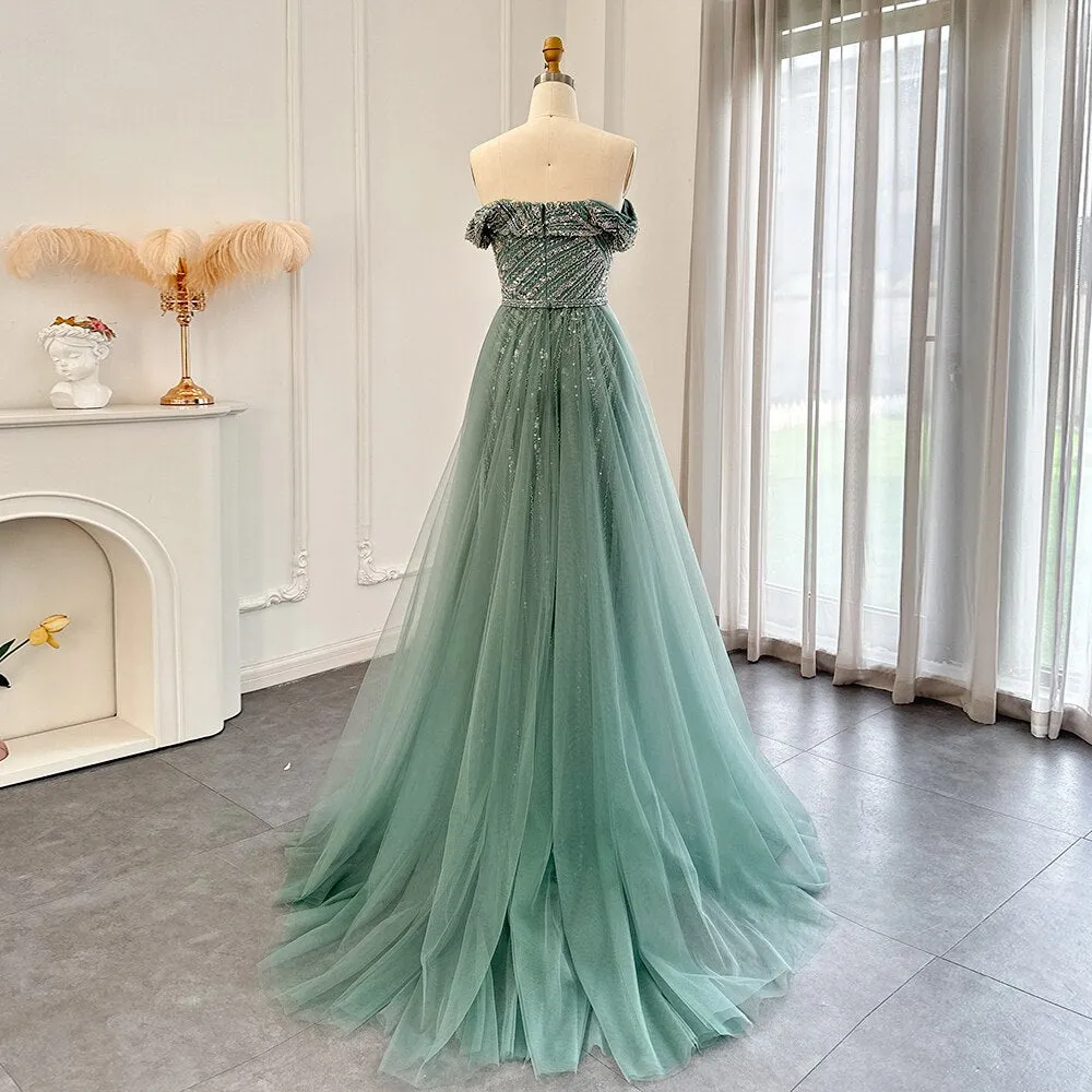 For Sale Off Shoulder Sage Green Overskirt Evening Dress SS244
