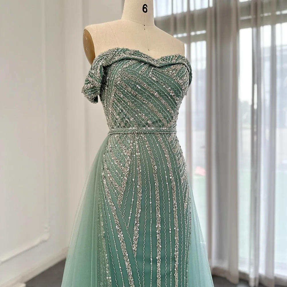 For Sale Off Shoulder Sage Green Overskirt Evening Dress SS244