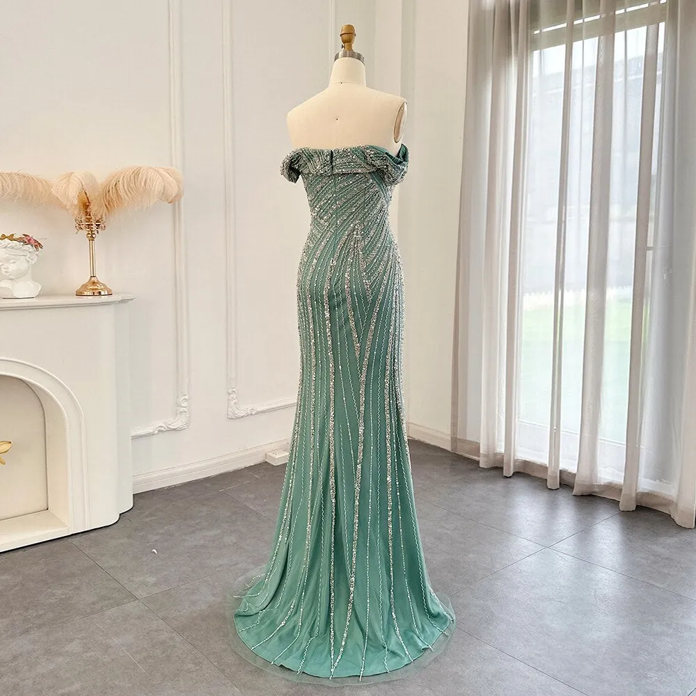 For Sale Off Shoulder Sage Green Overskirt Evening Dress SS244