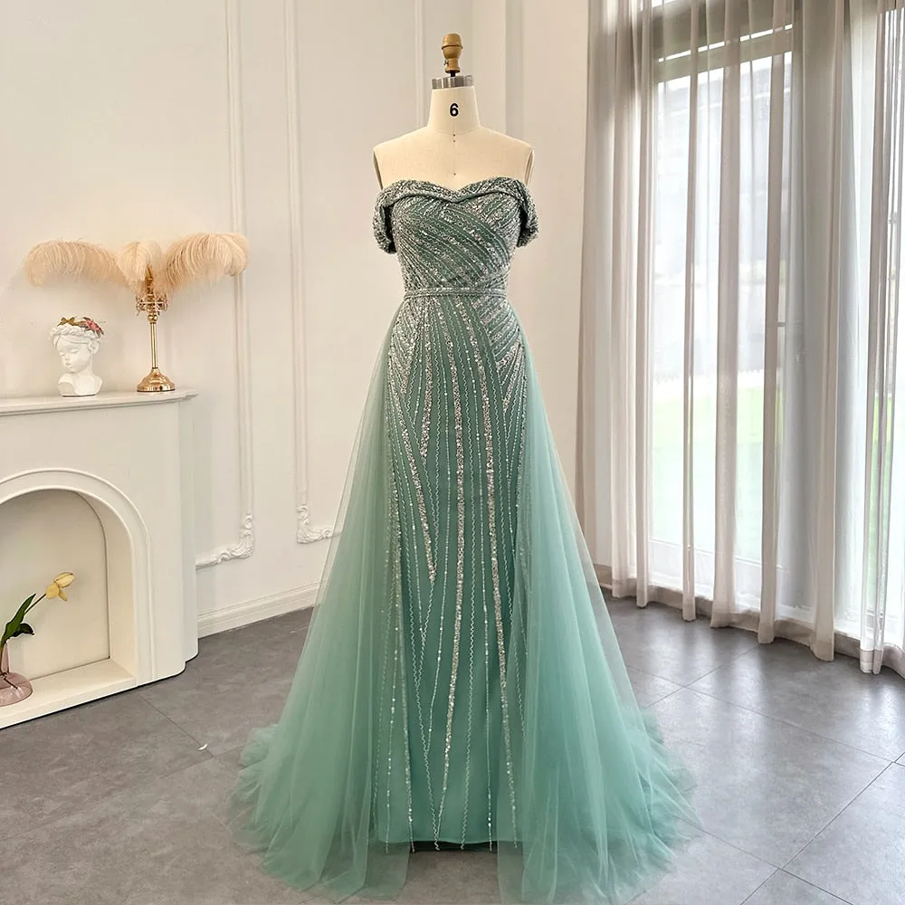 For Sale Off Shoulder Sage Green Overskirt Evening Dress SS244