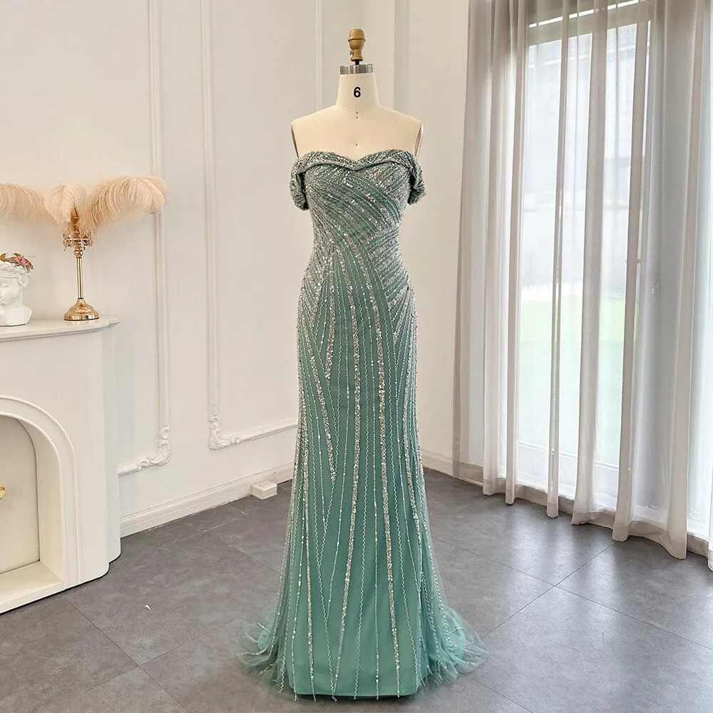 For Sale Off Shoulder Sage Green Overskirt Evening Dress SS244