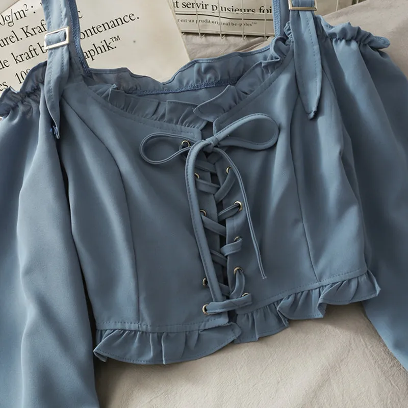 French Bandage Off Shoulder Ruffle Top Female Elegant Long Sleeve Shirt Y2k