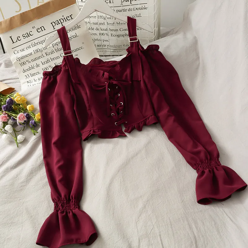 French Bandage Off Shoulder Ruffle Top Female Elegant Long Sleeve Shirt Y2k