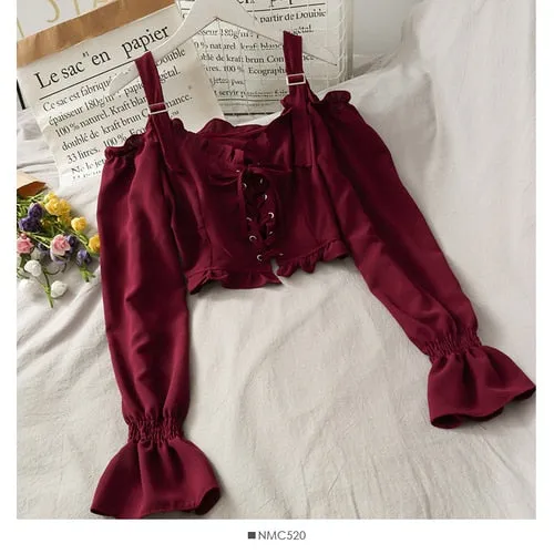 French Bandage Off Shoulder Ruffle Top Female Elegant Long Sleeve Shirt Y2k
