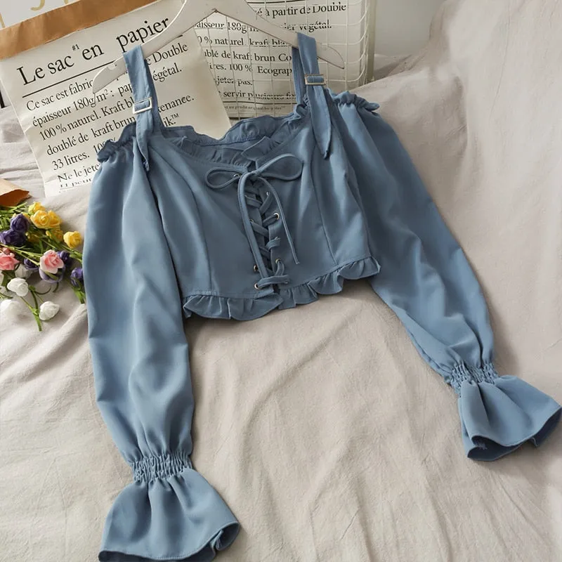 French Bandage Off Shoulder Ruffle Top Female Elegant Long Sleeve Shirt Y2k
