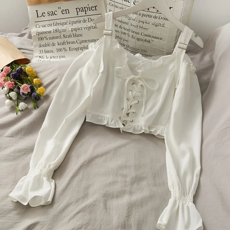 French Bandage Off Shoulder Ruffle Top Female Elegant Long Sleeve Shirt Y2k