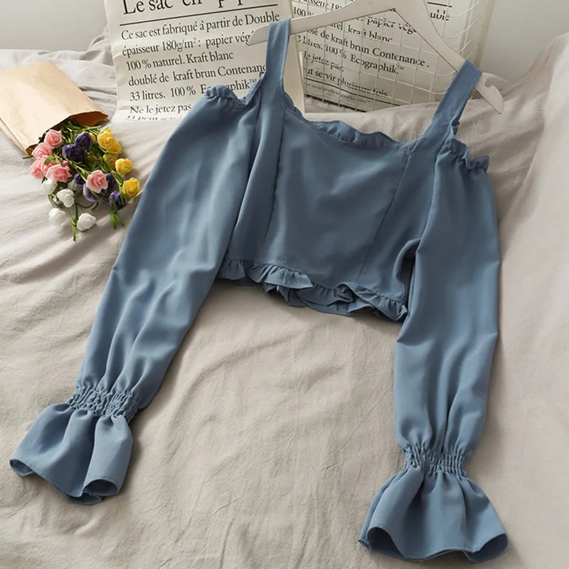 French Bandage Off Shoulder Ruffle Top Female Elegant Long Sleeve Shirt Y2k
