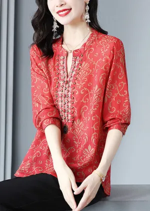 French Red V Neck Print Rivet Patchwork Silk Blouse Tops Spring LY6946