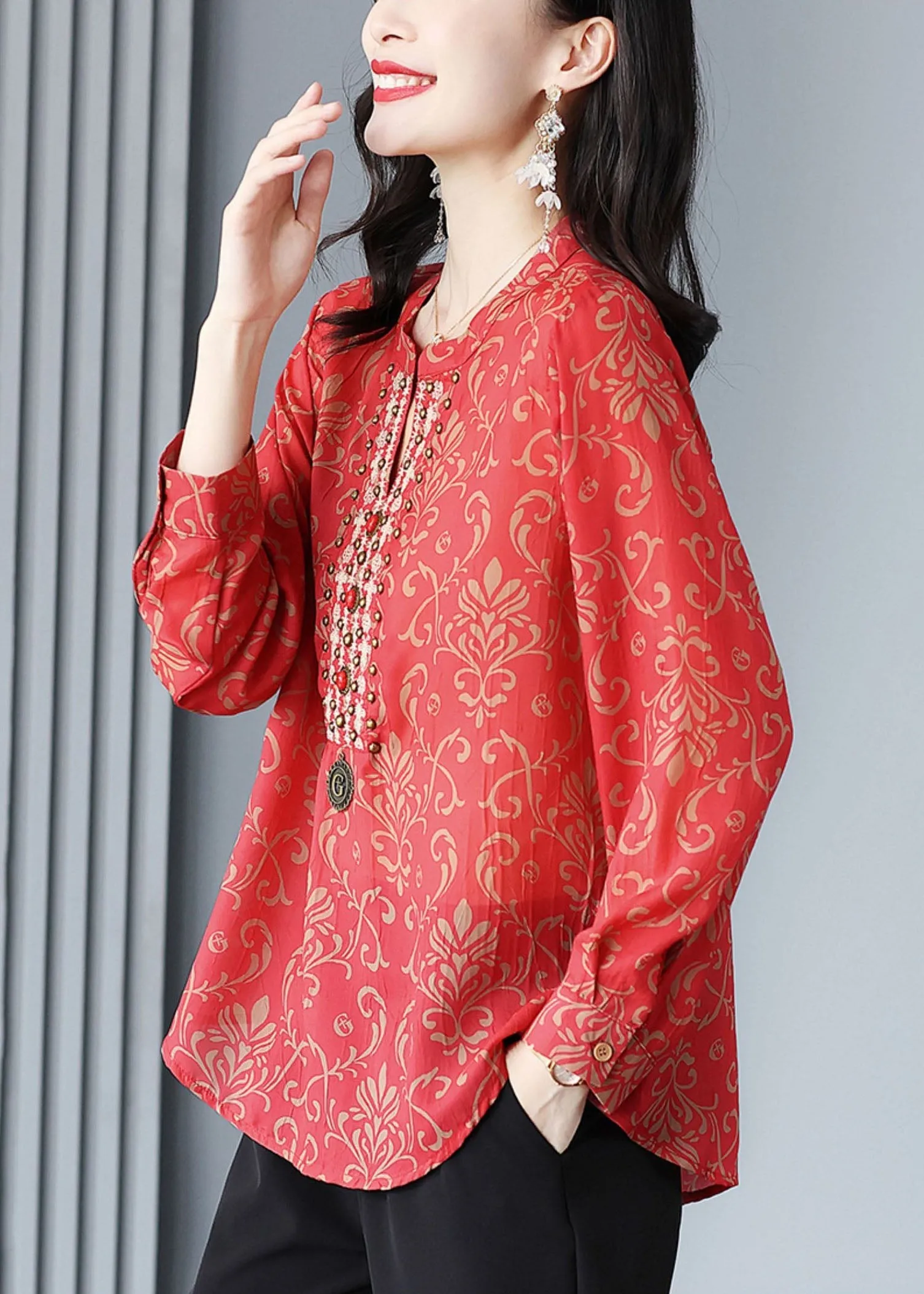 French Red V Neck Print Rivet Patchwork Silk Blouse Tops Spring LY6946