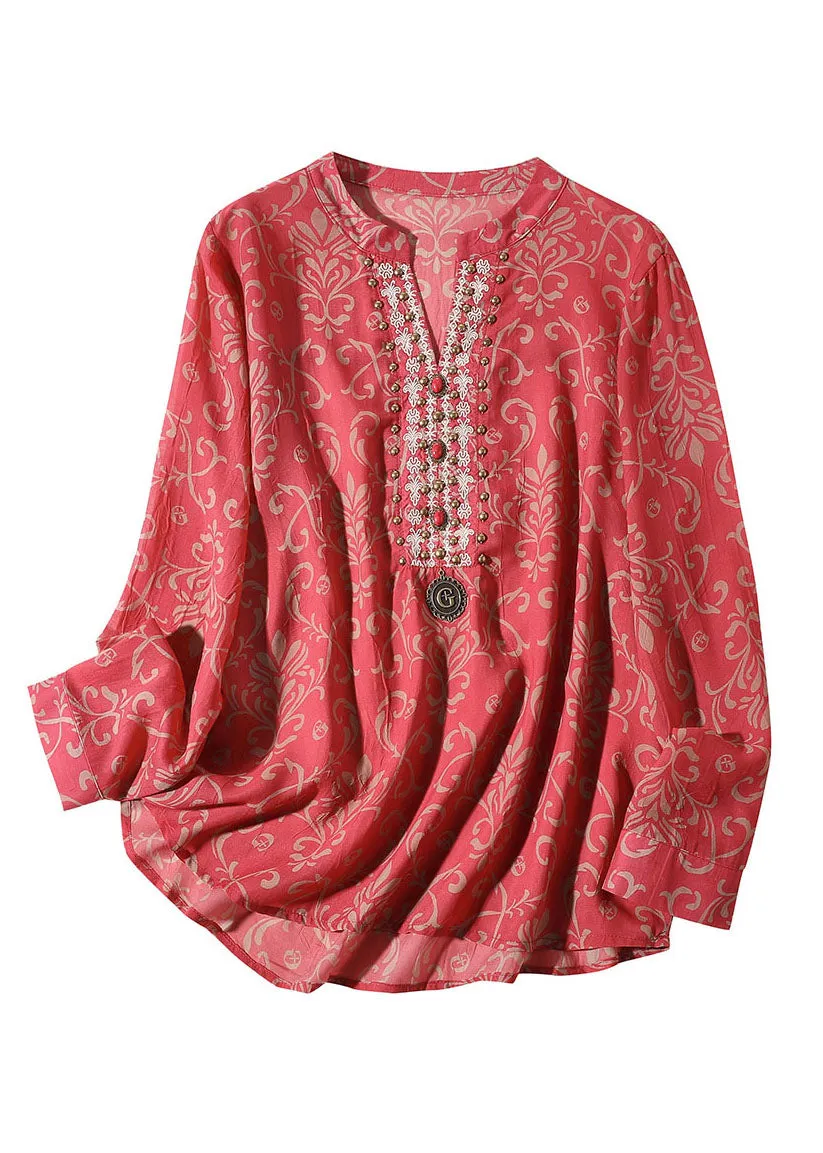 French Red V Neck Print Rivet Patchwork Silk Blouse Tops Spring LY6946