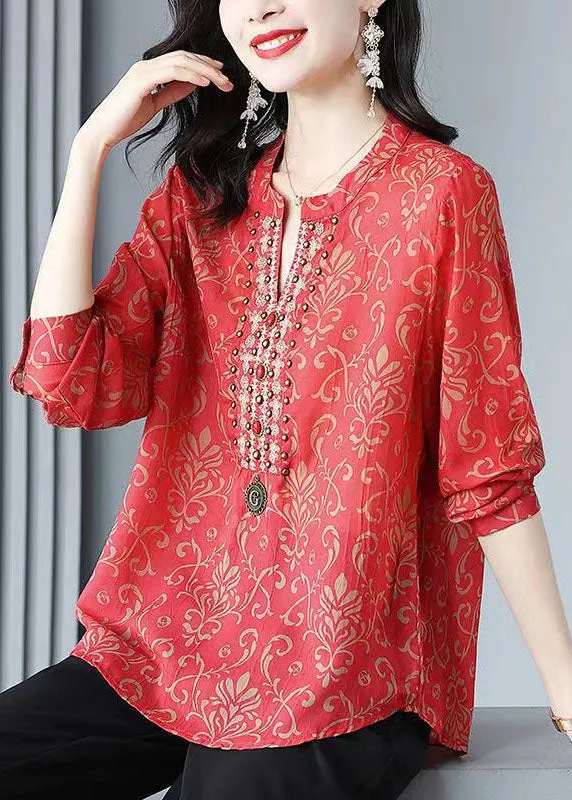 French Red V Neck Print Rivet Patchwork Silk Blouse Tops Spring LY6946