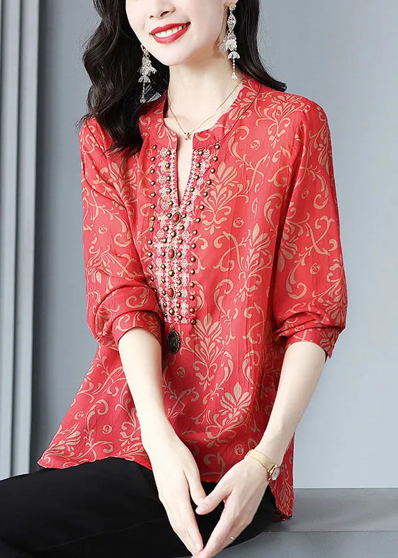 French Red V Neck Print Rivet Patchwork Silk Blouse Tops Spring LY6946