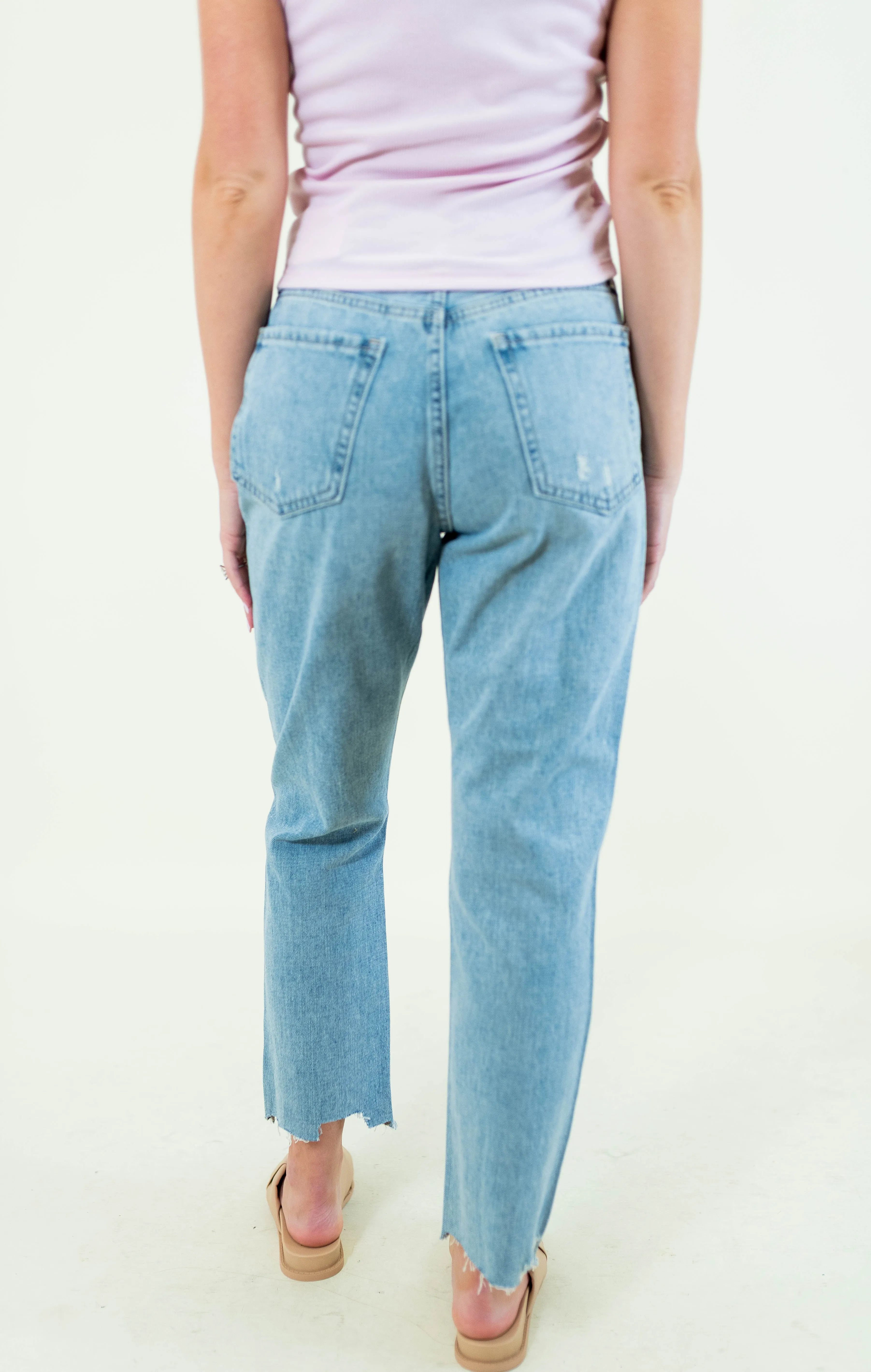 High Rise Distressed Straight Jeans