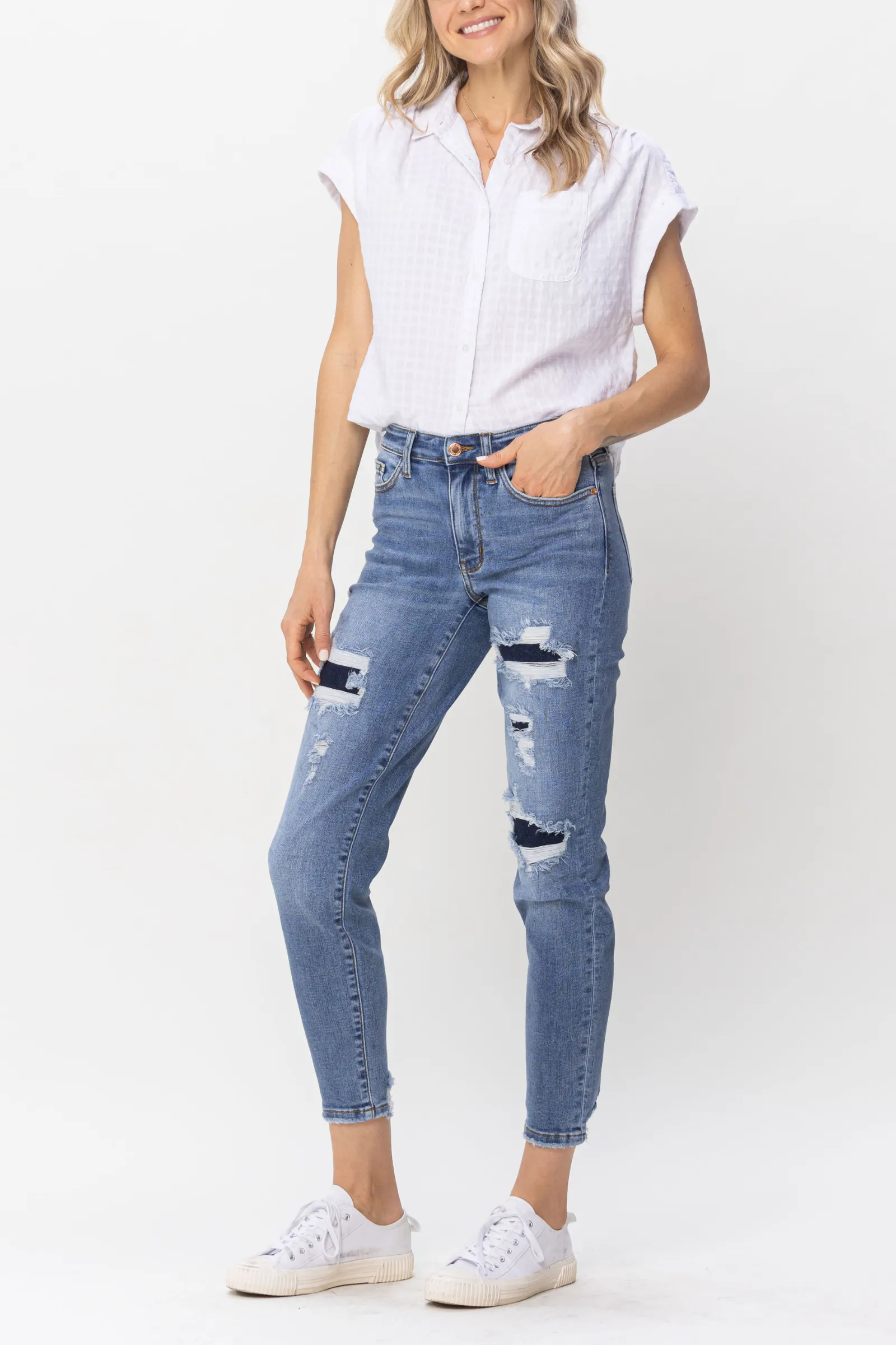 Judy Blue Mid Rise Navy Blue Patched Destroy Relaxed Jeans