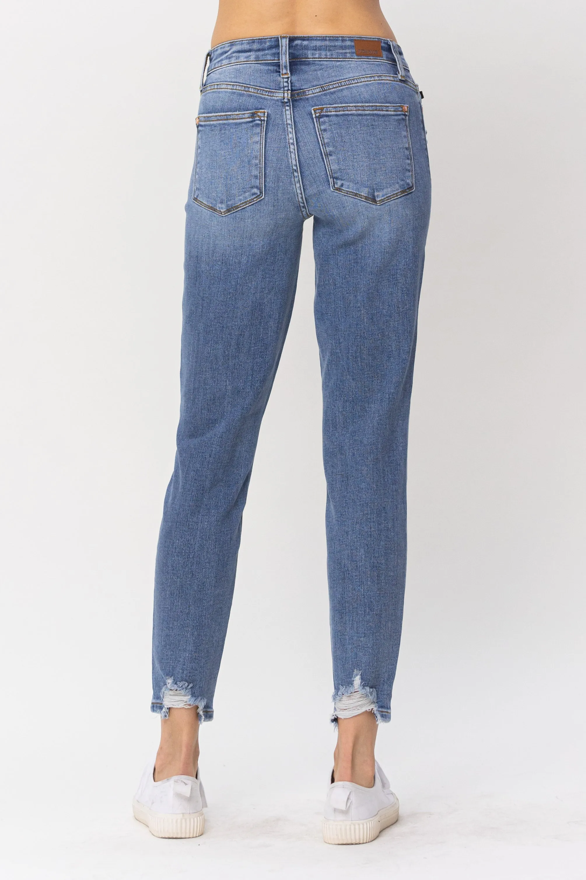 Judy Blue Mid Rise Navy Blue Patched Destroy Relaxed Jeans