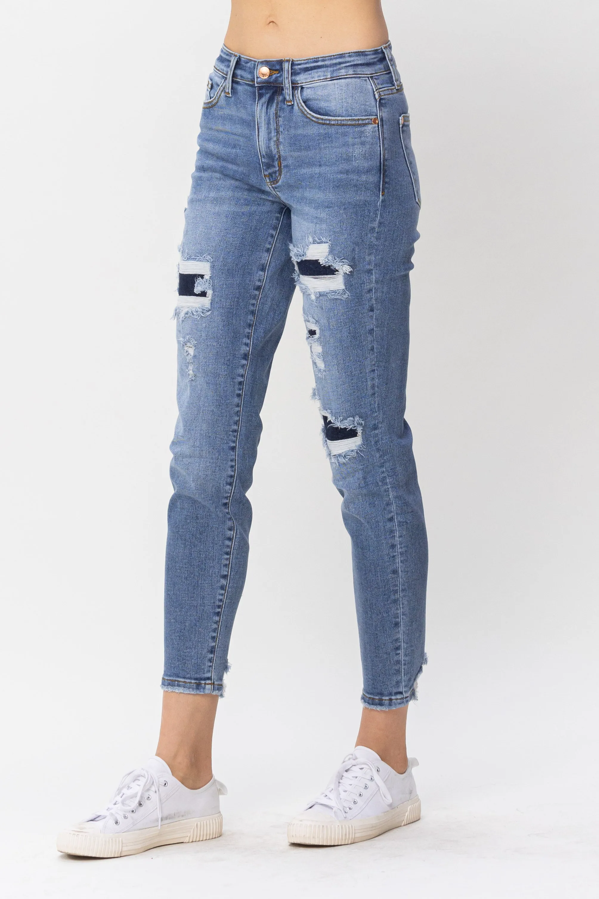 Judy Blue Mid Rise Navy Blue Patched Destroy Relaxed Jeans