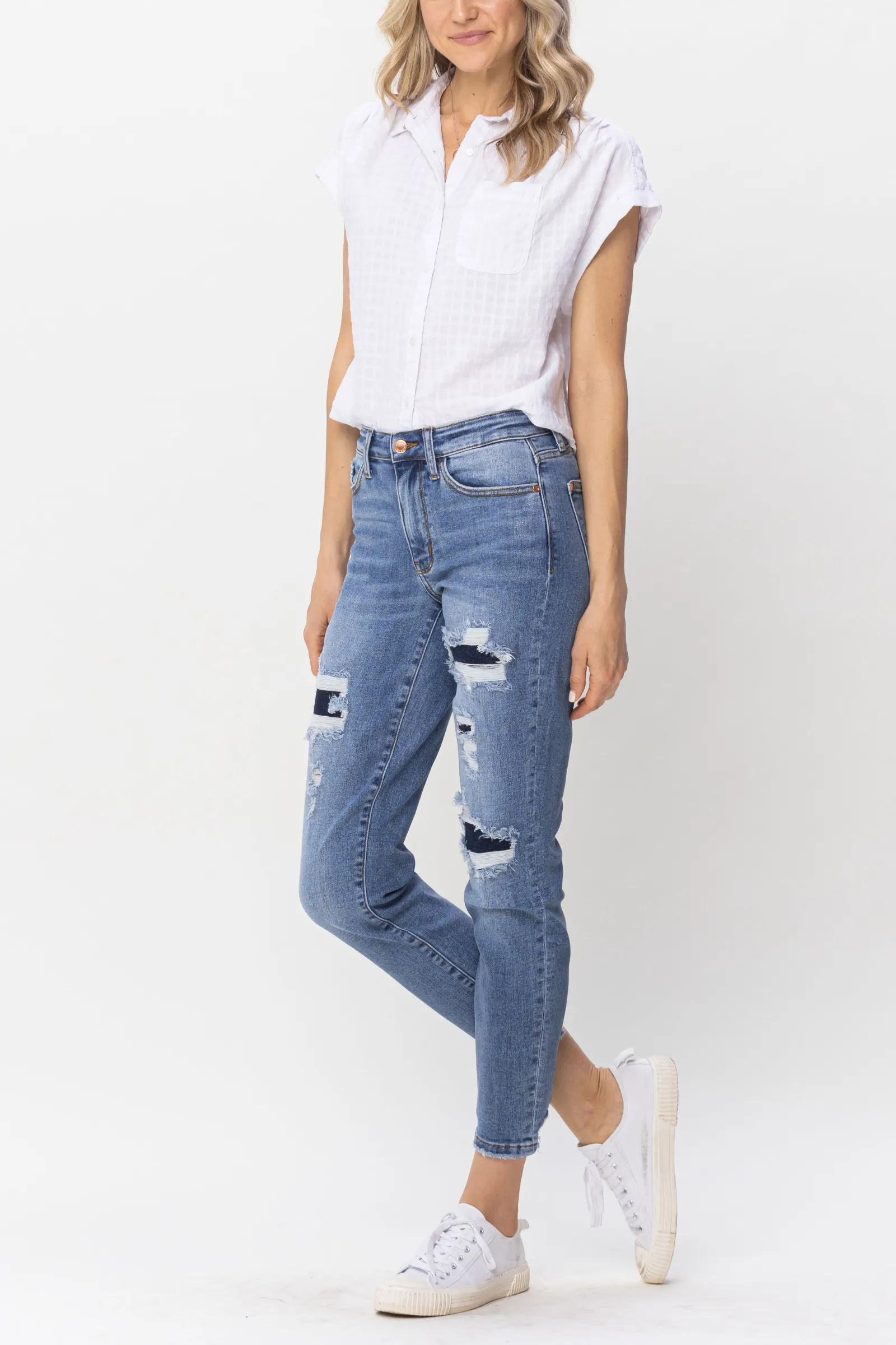 Judy Blue Mid Rise Navy Blue Patched Destroy Relaxed Jeans