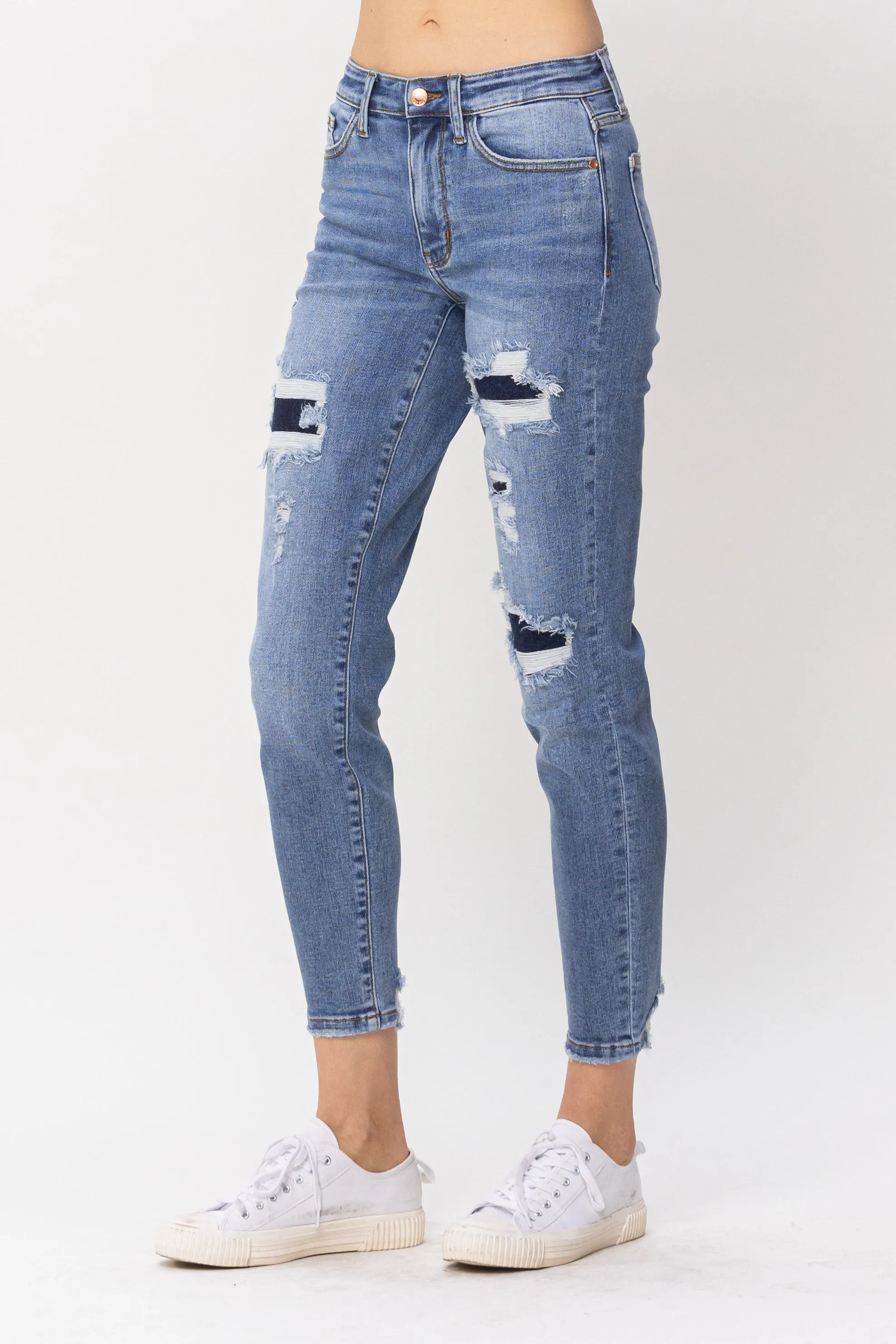 Judy Blue Mid Rise Navy Blue Patched Destroy Relaxed Jeans