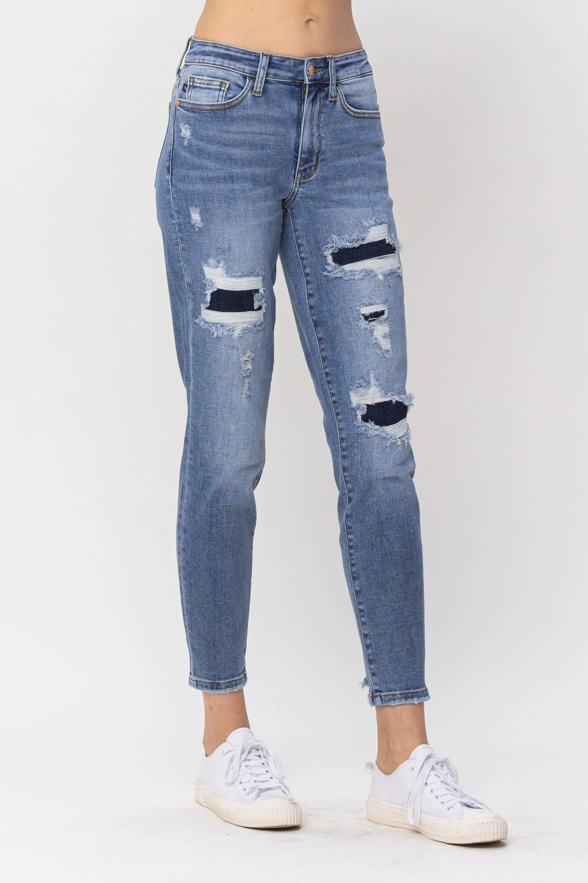 Judy Blue Mid Rise Navy Blue Patched Destroy Relaxed Jeans