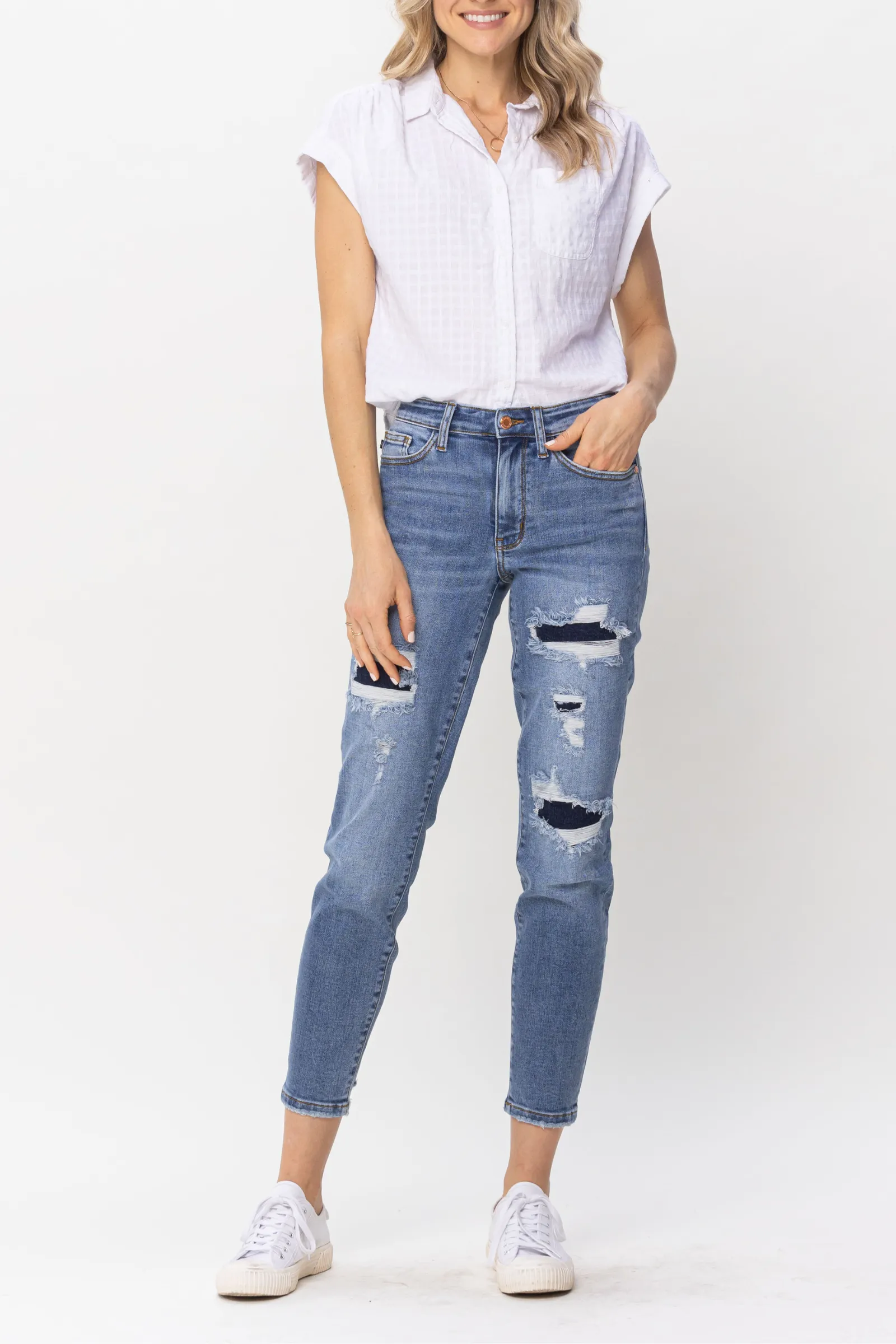 Judy Blue Mid Rise Navy Blue Patched Destroy Relaxed Jeans