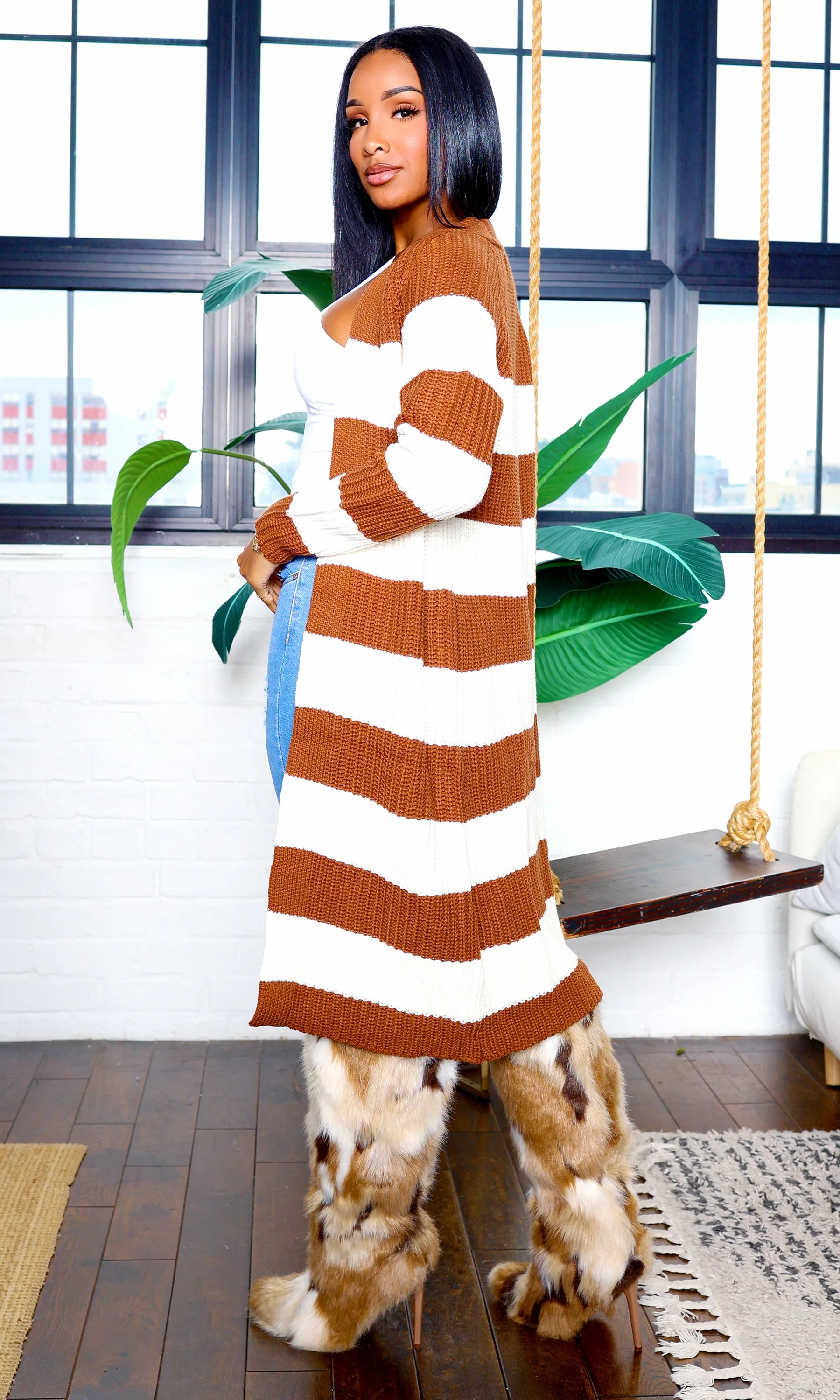 Kelly| Striped Knit Cardigan - Camel/Ivory FINAL SALE