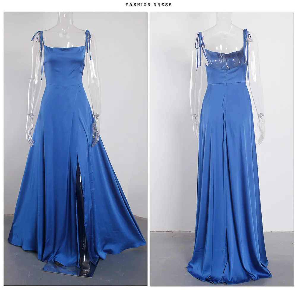LANFUBEISI  Sexy Mint Backless Lace Up Evening Party Gown Green Satin Slip Slit Leg Square Neck Summer Light Long Dresses Wedding