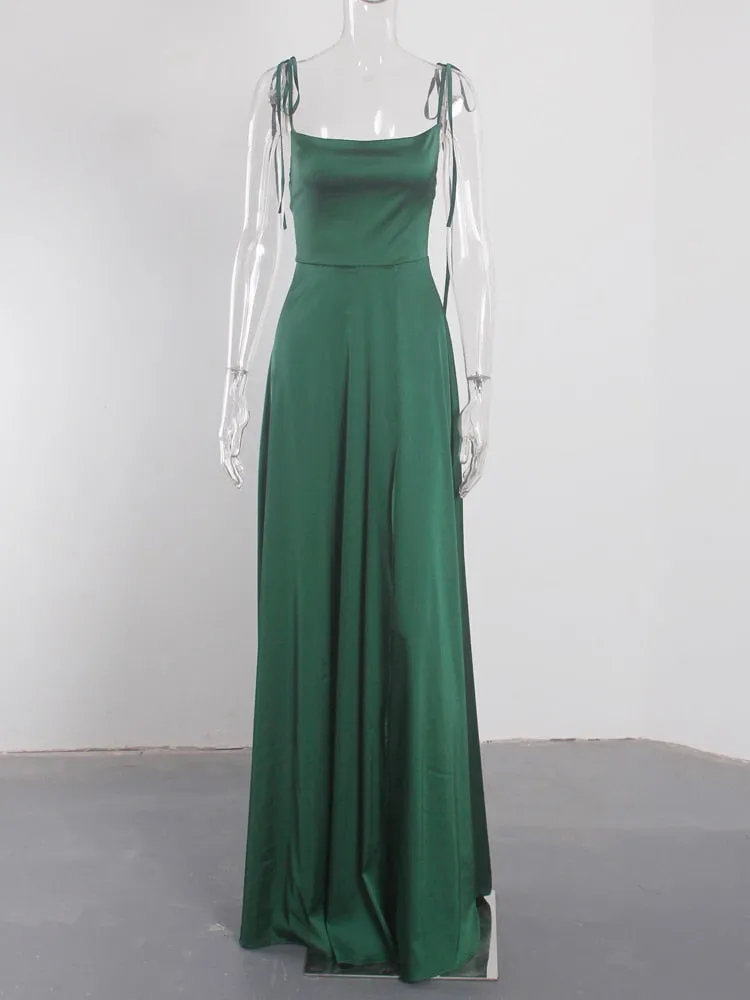 LANFUBEISI  Sexy Mint Backless Lace Up Evening Party Gown Green Satin Slip Slit Leg Square Neck Summer Light Long Dresses Wedding