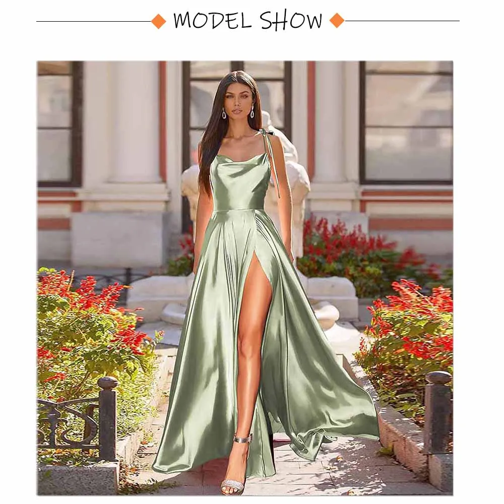 LANFUBEISI  Sexy Mint Backless Lace Up Evening Party Gown Green Satin Slip Slit Leg Square Neck Summer Light Long Dresses Wedding