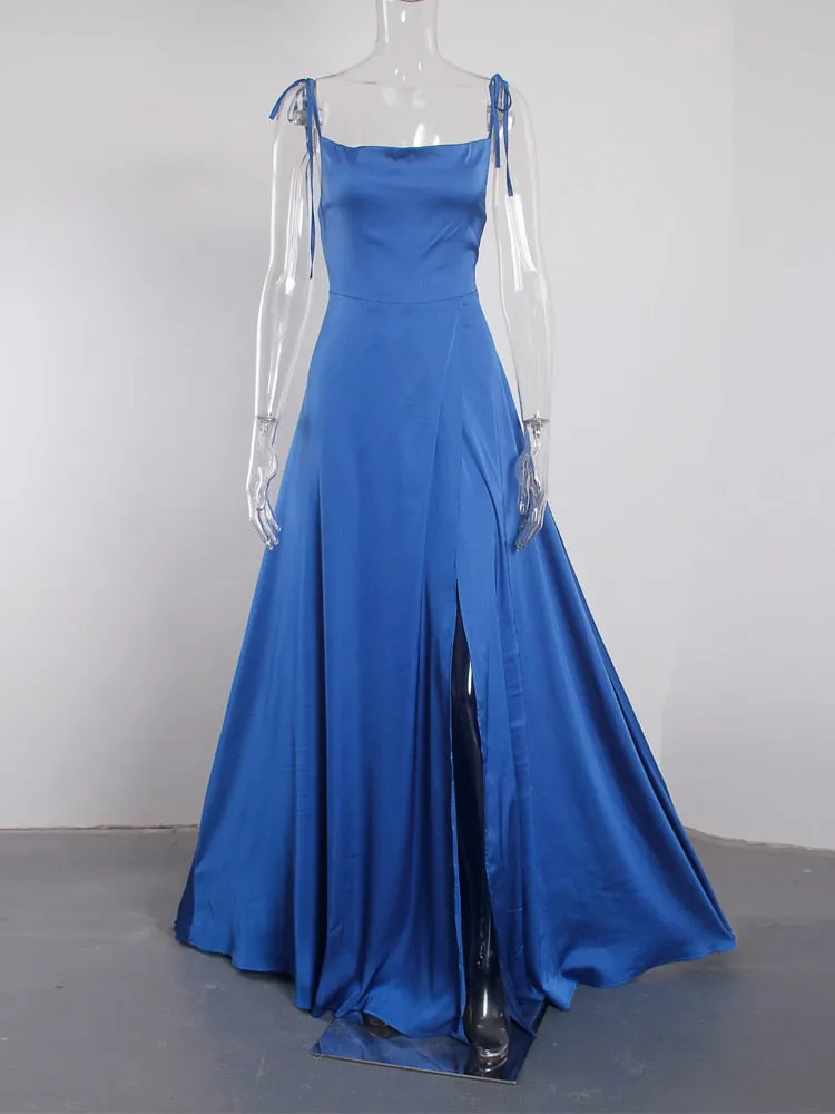 LANFUBEISI  Sexy Mint Backless Lace Up Evening Party Gown Green Satin Slip Slit Leg Square Neck Summer Light Long Dresses Wedding