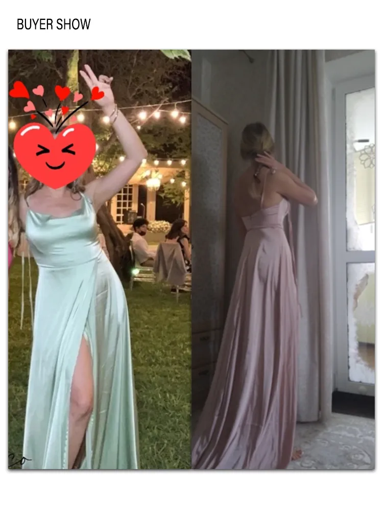 LANFUBEISI  Sexy Mint Backless Lace Up Evening Party Gown Green Satin Slip Slit Leg Square Neck Summer Light Long Dresses Wedding