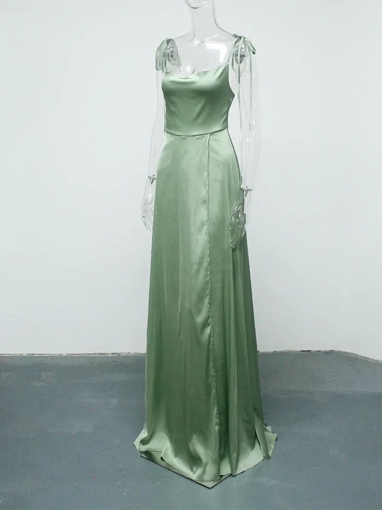 LANFUBEISI  Sexy Mint Backless Lace Up Evening Party Gown Green Satin Slip Slit Leg Square Neck Summer Light Long Dresses Wedding