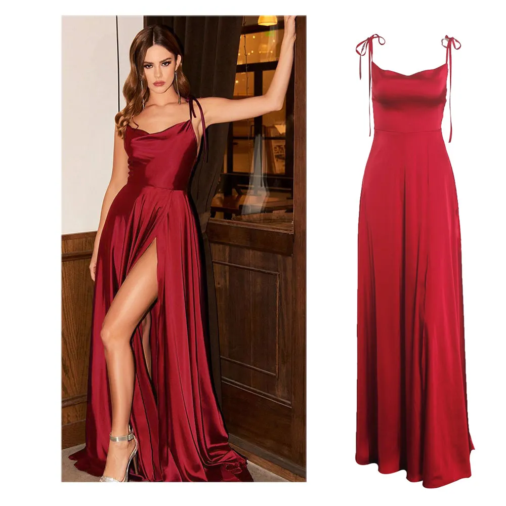 LANFUBEISI  Sexy Mint Backless Lace Up Evening Party Gown Green Satin Slip Slit Leg Square Neck Summer Light Long Dresses Wedding