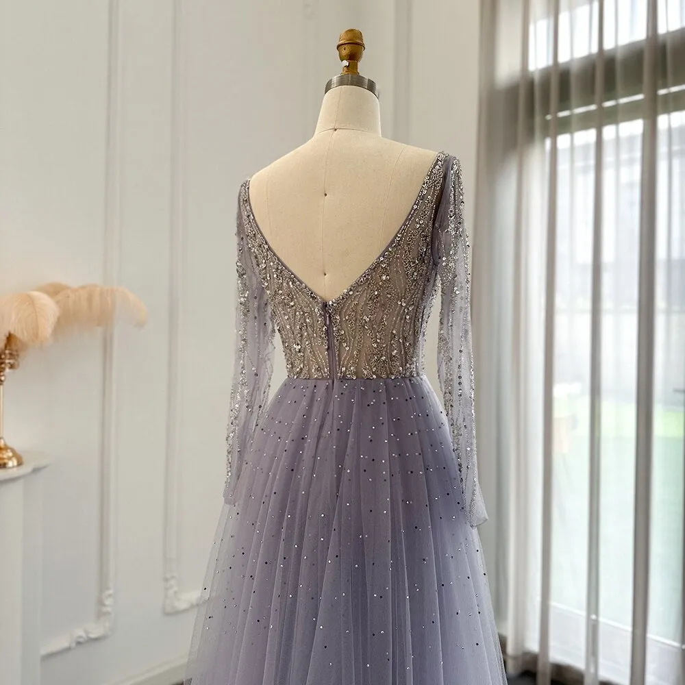 Lilac Long Sleeves Mermaid Evening Dress with Overskirt SS234