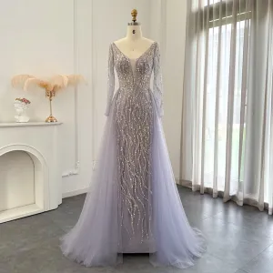Lilac Long Sleeves Mermaid Evening Dress with Overskirt SS234