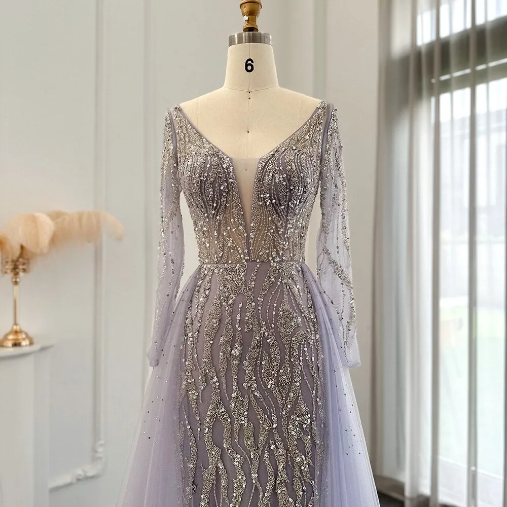 Lilac Long Sleeves Mermaid Evening Dress with Overskirt SS234