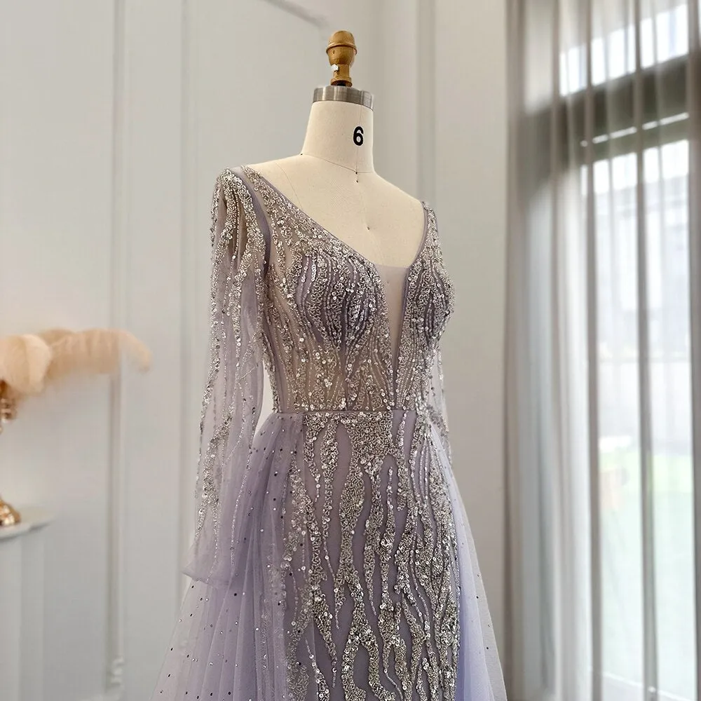 Lilac Long Sleeves Mermaid Evening Dress with Overskirt SS234