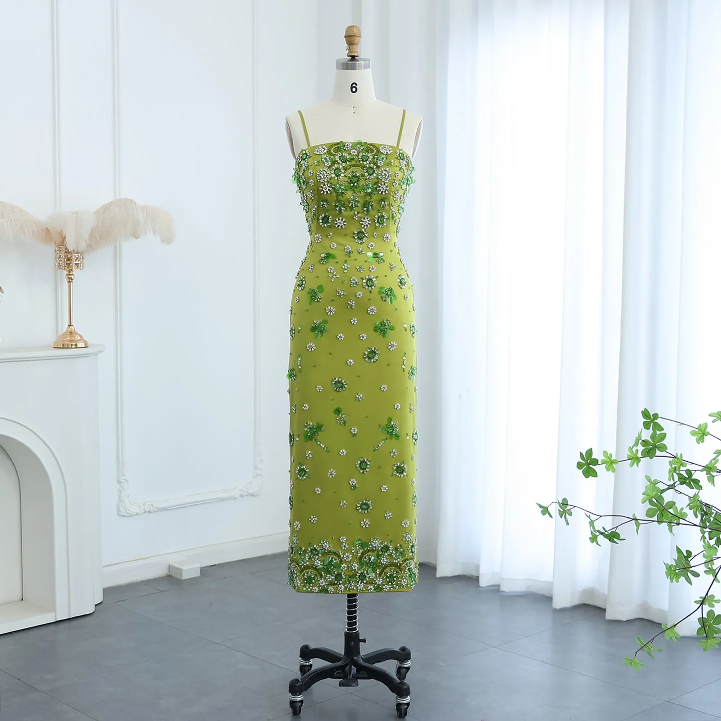Luxury 3D Floral Beaded Short Green Spaghetti Evening Dress SS233