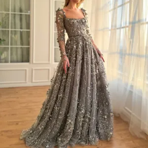 Luxury 3D Flower Gray Long Sleeves Evening Dress SS353