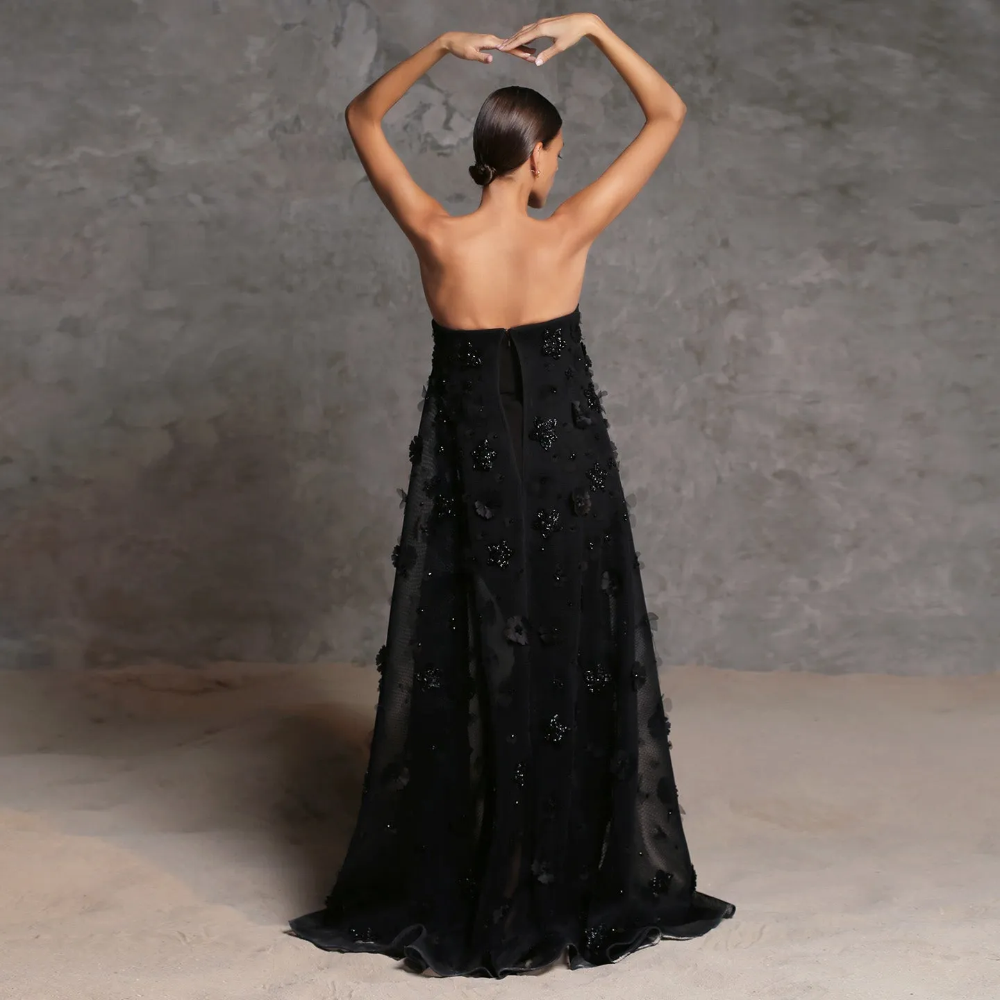 Luxury 3D Flowers Black Strapless Evening Dress SS542