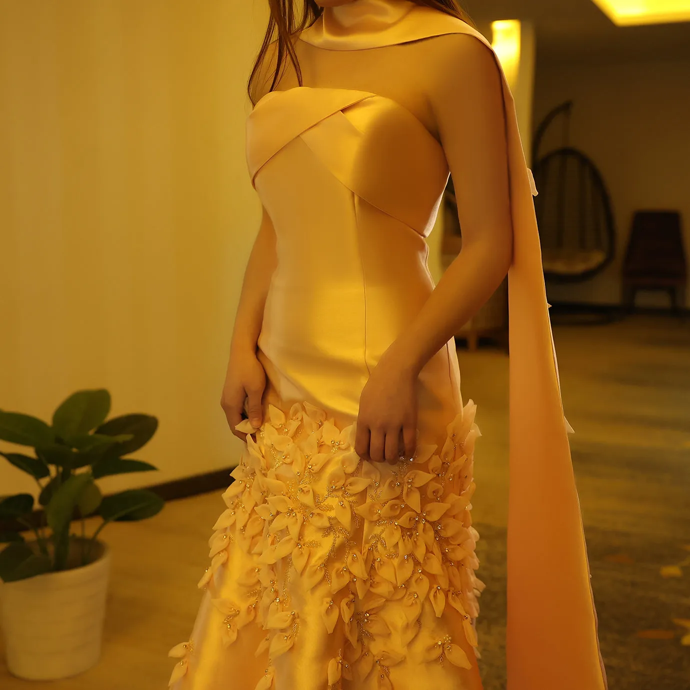 Luxury 3D Leaves Pink Satin Evening Dress with Cape SS463