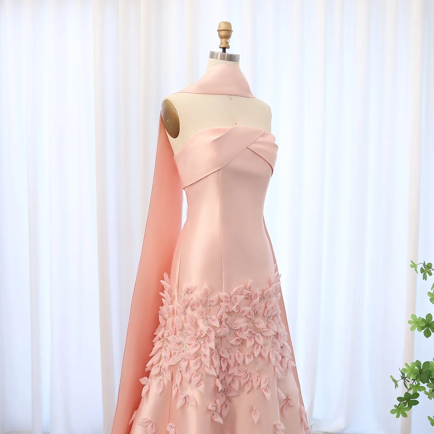 Luxury 3D Leaves Pink Satin Evening Dress with Cape SS463