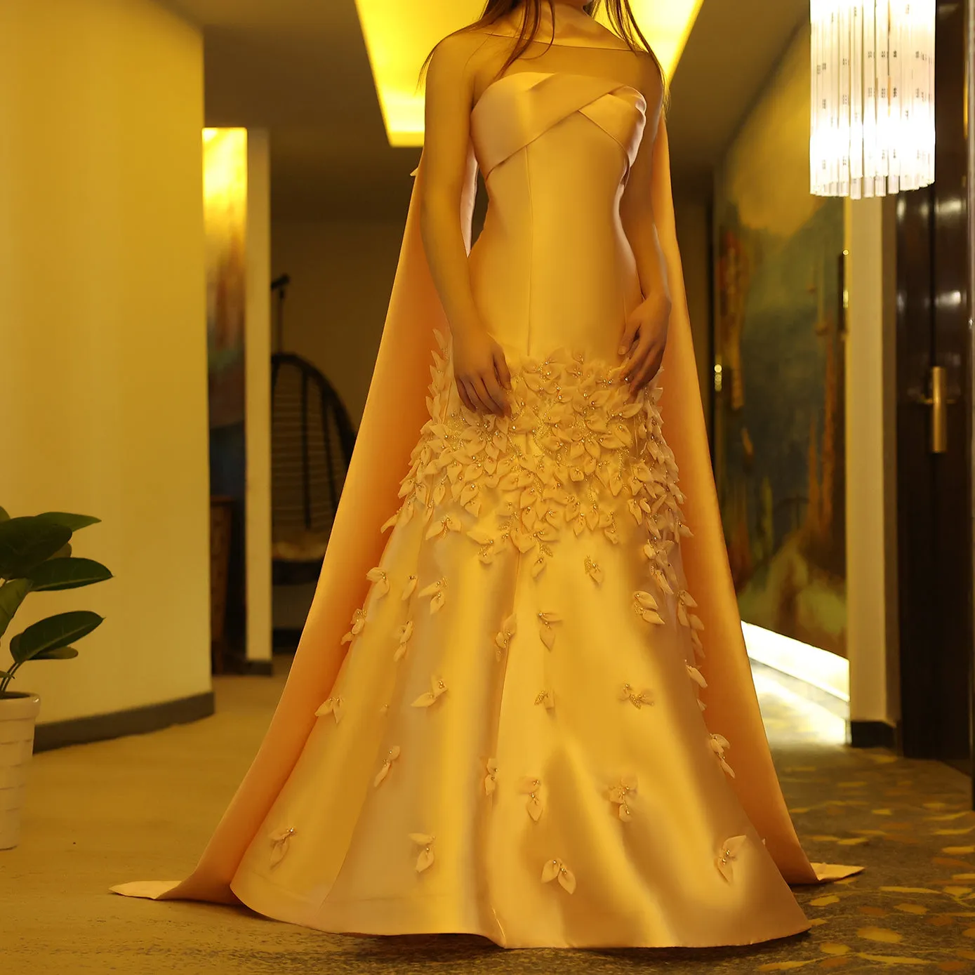 Luxury 3D Leaves Pink Satin Evening Dress with Cape SS463